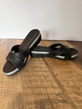 Crocs Meleen Twist Wedge Slide Sandals - Black White Women's Size 9
